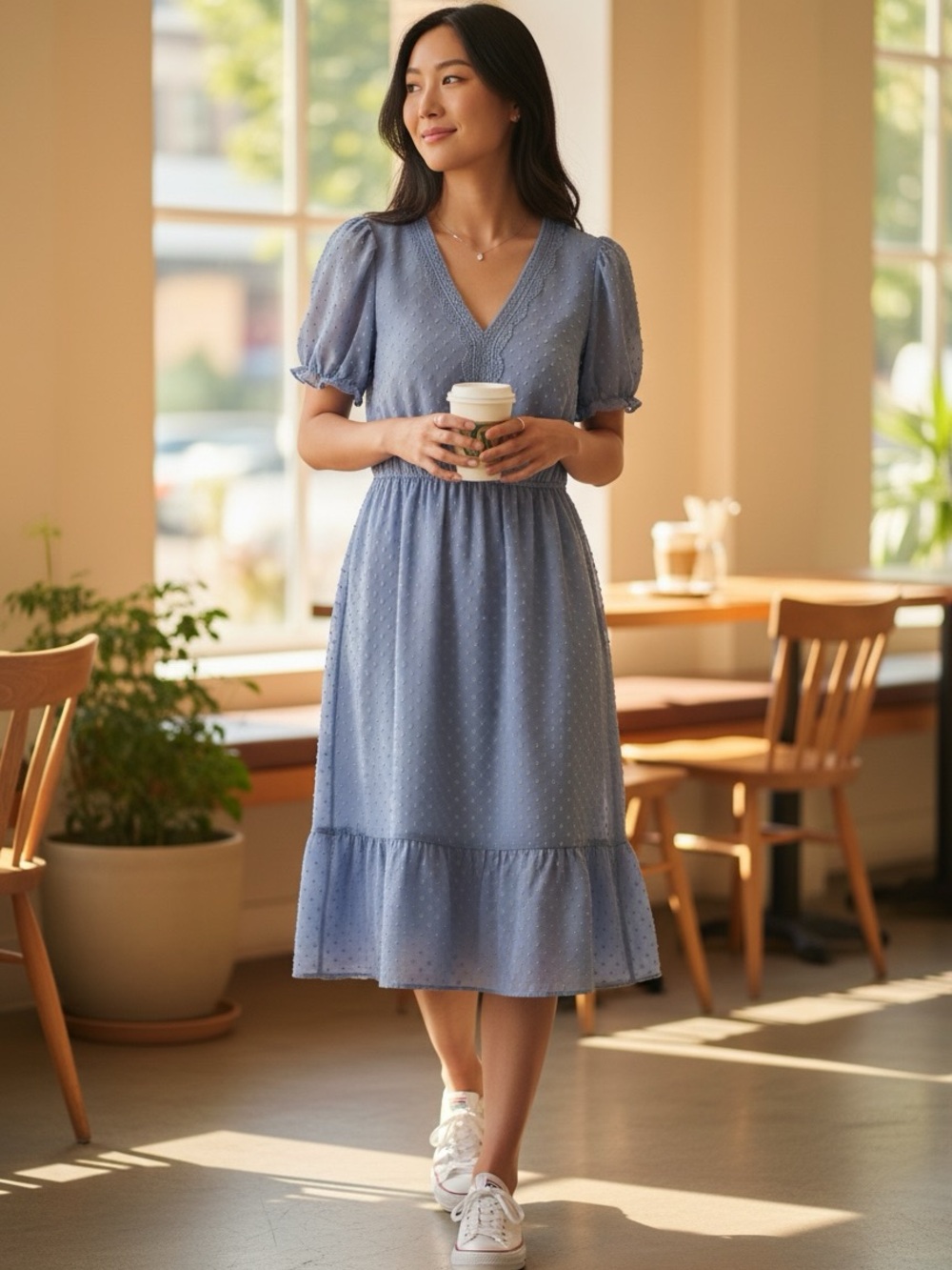 Adrienne Vittadini Powder Blue V-Neck Midi Dress with Puff Sleeves